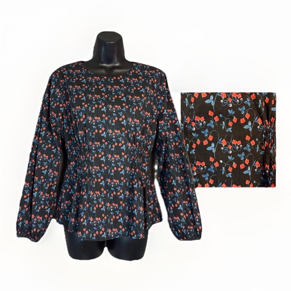 J. Crew Liberty Fabric Tana Lawn Top Black Strawberry Blouse Peplum Shirt Size 8